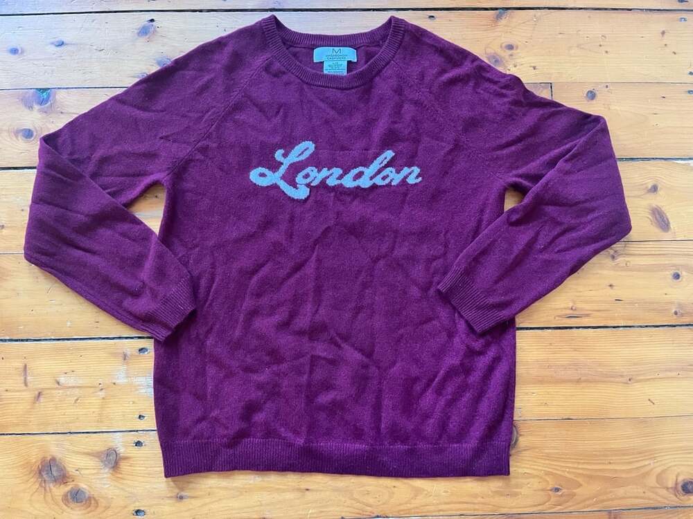 Magaschoni Cashmere Burgundy 'London' Graphic Crewneck Sweater Size Large